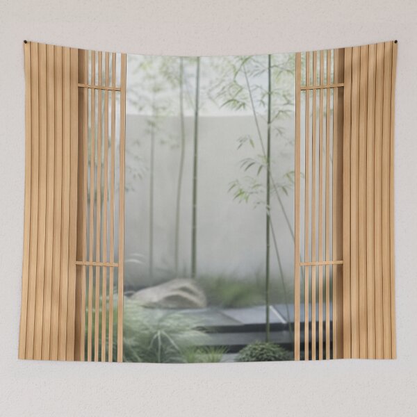 Item preview, Minimalist Japandi Slatted Screen with Courtyard Window on Bamboo and Zen Garden HD designed and sold by bard-art.