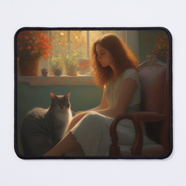 Item preview, Vintage Girl with Cat by Window Oil Painting Style Art designed and sold by UmSkelig834.