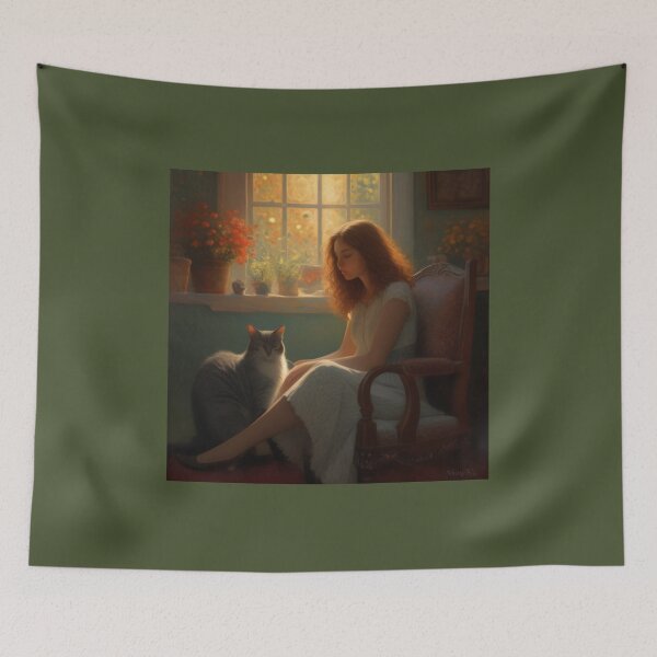 Item preview, Vintage Girl with Cat by Window Oil Painting Style Art designed and sold by UmSkelig834.