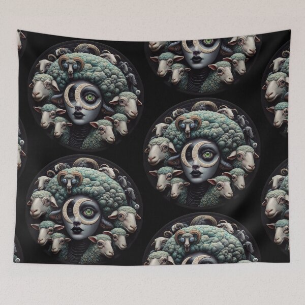 Item preview, Gothic Lunar Shepherdess Mandala with Mythical Rams and Sheep designed and sold by LujziWorld.