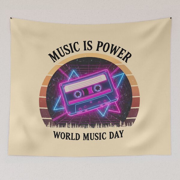Item preview, Neon Retro Synthwave Cassette – World Music Day designed and sold by Art-Arcade6.