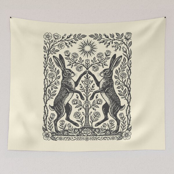 Item preview, Vintage Wild Hare Twins Folk Art Rabbit Botanical  designed and sold by Y-Vibes.