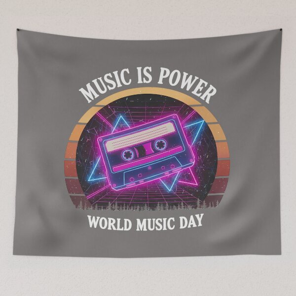 Item preview, Neon Retro Synthwave Cassette – World Music Day designed and sold by Art-Arcade6.