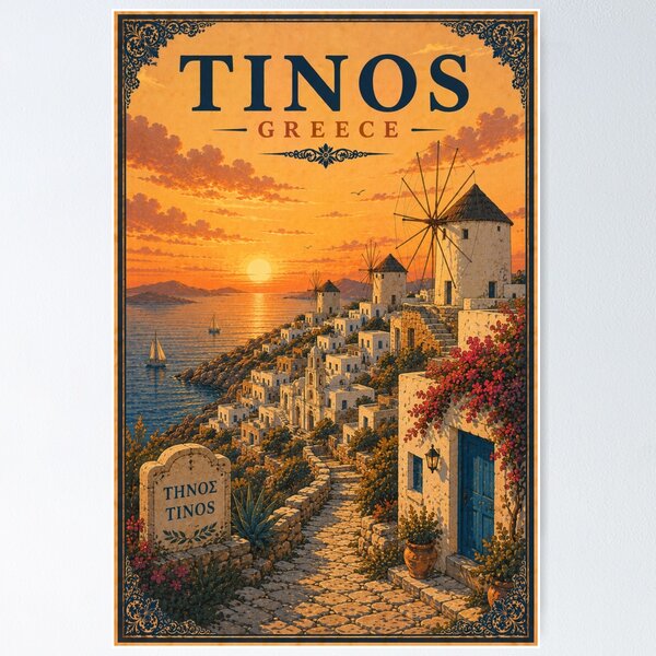 Item preview, Tinos Windmill Travel Poster designed and sold by TravelScape Studio.