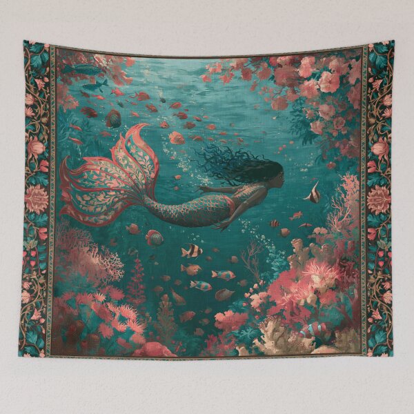 Item preview, Coral Reef Mermaid Art | Fantasy Ocean Tapestry Underwater Illustration designed and sold by GrinGalore.