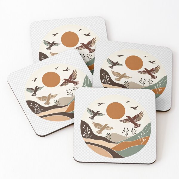 Item preview, Boho Flying Birds Landscape | Mid Century Earth Tone Nature Illustration designed and sold by GalleryPeak.