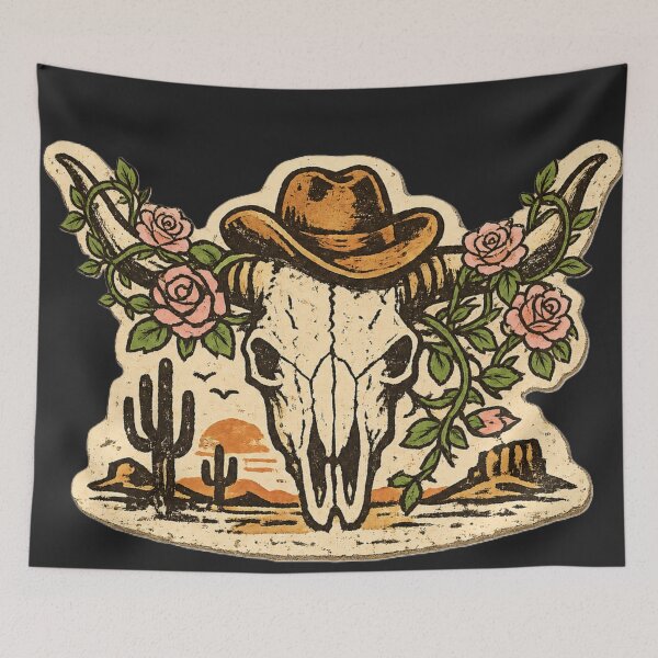 Item preview, Vintage Western Bull Skull Sticker with Cowboy Hat and Roses | Retro Desert Sunset Design designed and sold by stg-reigns.