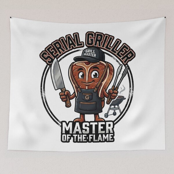 Item preview, Serial Griller Funny BBQ Steak Mascot - BBQ Master Cartoon designed and sold by BULLcompany.