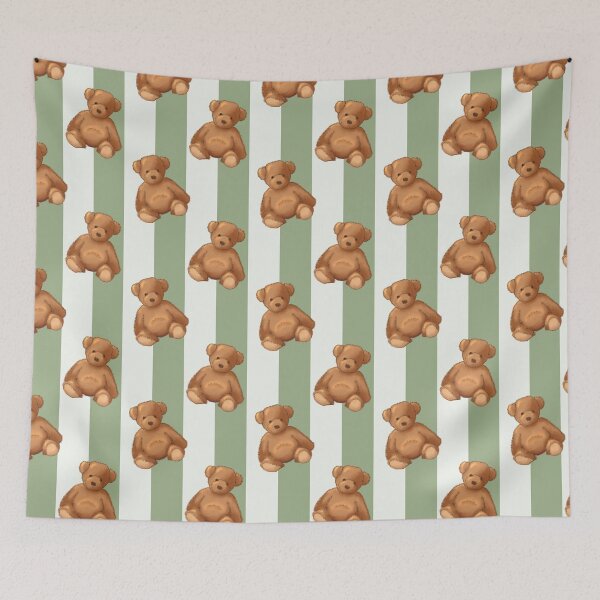 Item preview, Teddy bear on soft sage green stripe designed and sold by OhNoNotAgain42.