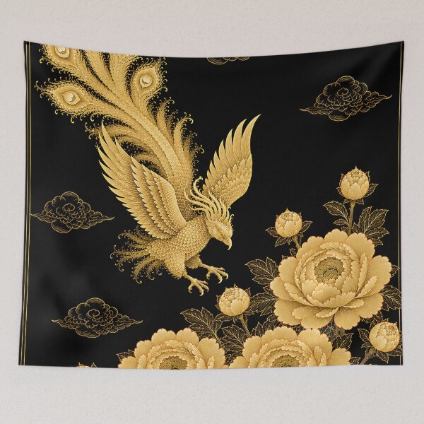 Item preview, Golden Phoenix Descending to Peonies | Korean Minhwa Inspired Wall Art designed and sold by K-Tradition.