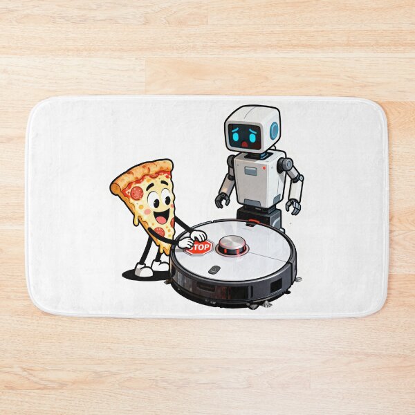 Item preview, Shocked Robot Vacuum Pressing Stop Button – Cute Pizza Slice Cartoon Scene designed and sold by OksArtStudio.