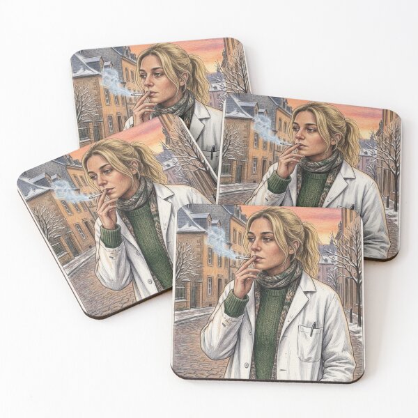 Item preview, DOCTOR SMOKING IN A SNOWY STREET. WINTER ILLUSTRATION IN COLORED PENCIL. designed and sold by Curiosiart.