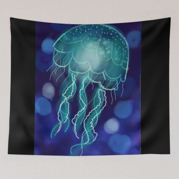 Item preview, Glowing Jellyfish –Magical Deep Blue Sea Fantasy Ocean Wall Art designed and sold by Shukasya-Arts.