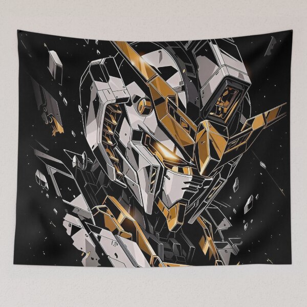 Item preview, Black Gold Mecha Gundam Head – Futuristic Anime Robot Warrior Cyberpunk Art Print designed and sold by Dyan4.