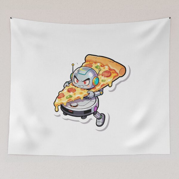 Item preview, Giant Pizza Slice vs Robot Vacuum Funny Struggle Meme Sticker designed and sold by OksArtStudio.