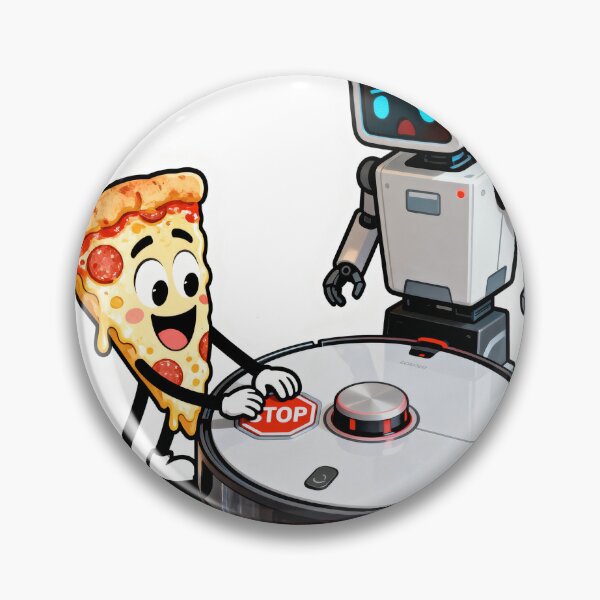 Item preview, Shocked Robot Vacuum Pressing Stop Button – Cute Pizza Slice Cartoon Scene designed and sold by OksArtStudio.