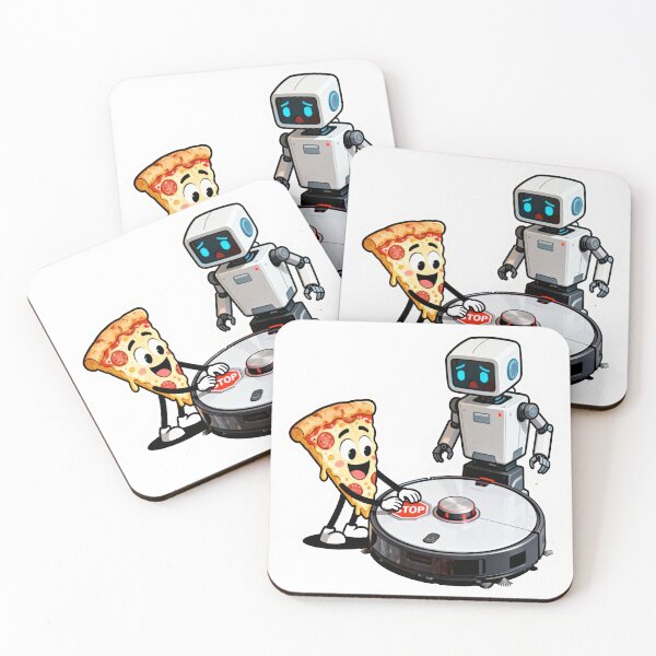 Item preview, Shocked Robot Vacuum Pressing Stop Button – Cute Pizza Slice Cartoon Scene designed and sold by OksArtStudio.
