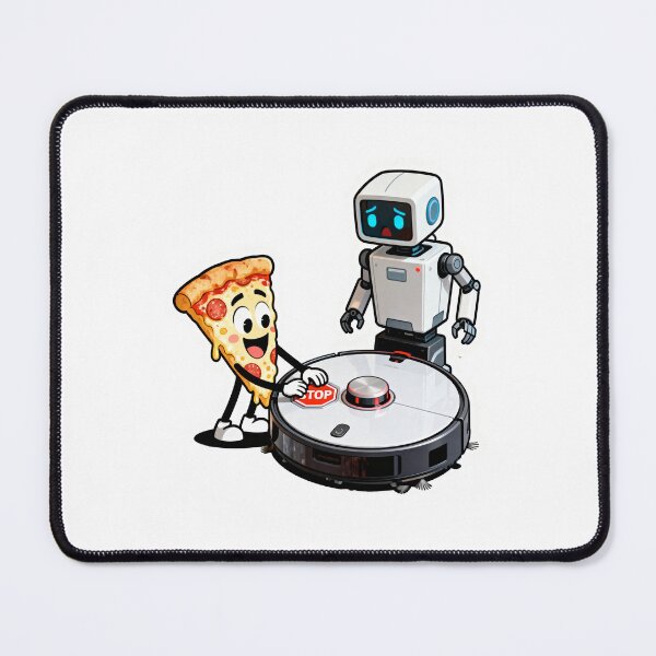 Item preview, Shocked Robot Vacuum Pressing Stop Button – Cute Pizza Slice Cartoon Scene designed and sold by OksArtStudio.