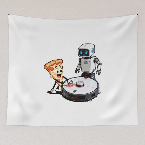 Item preview, Shocked Robot Vacuum Pressing Stop Button – Cute Pizza Slice Cartoon Scene designed and sold by OksArtStudio.