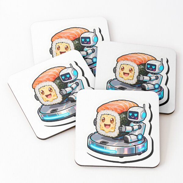 Item preview, Happy Robot Vacuum Hugging Sushi Roll – Cute Cartoon Moving Scene Art designed and sold by OksArtStudio.