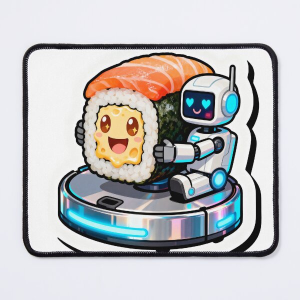Item preview, Happy Robot Vacuum Hugging Sushi Roll – Cute Cartoon Moving Scene Art designed and sold by OksArtStudio.