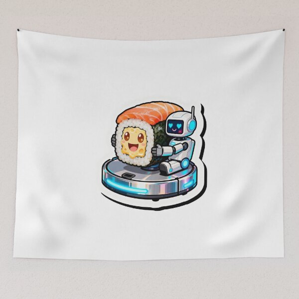 Item preview, Happy Robot Vacuum Hugging Sushi Roll – Cute Cartoon Moving Scene Art designed and sold by OksArtStudio.