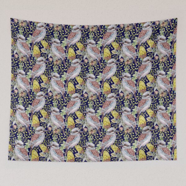 Item preview, Australian Kookaburra Bushland Botanical Navy Blue designed and sold by Sketchbook Designs.