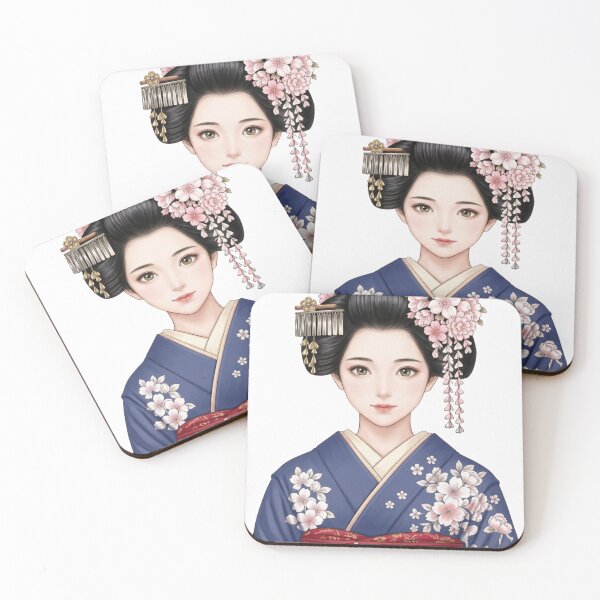 Item preview, Elegant Geisha in Blue Kimono with Sakura Flowers Japanese Art designed and sold by vekotpu.