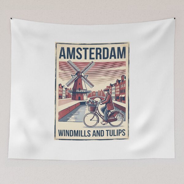 Item preview, Vintage Amsterdam Windmill Tulips Bicycle Poster designed and sold by EKHOAISTORE.