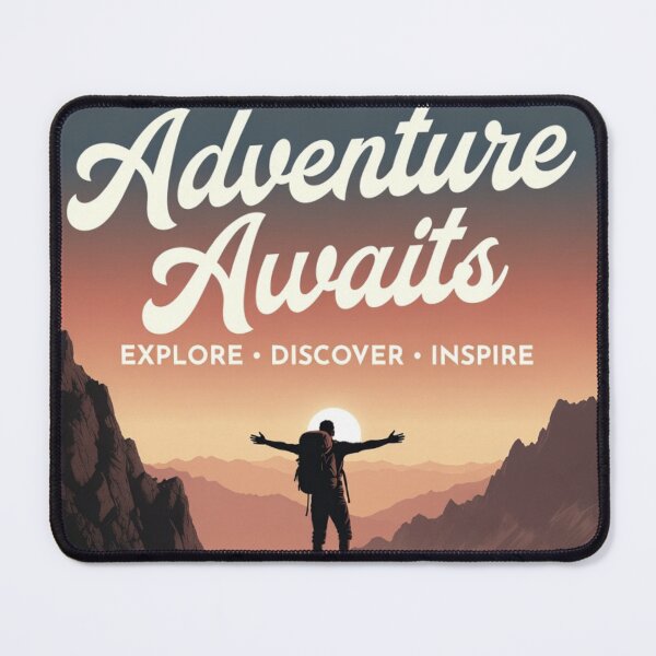Item preview, "Hiker mountain summit sunrise 'Adventure Awaits' vintage poster" designed and sold by Trail Echo Prints.