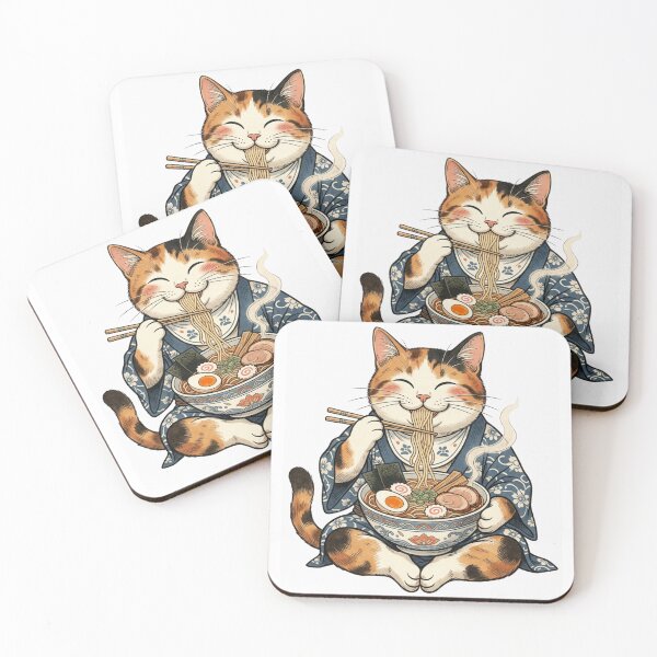 Item preview, Happy Ramen Cat in Kimono Japanese Ukiyo-e Style Cute Food Art designed and sold by vekotpu.