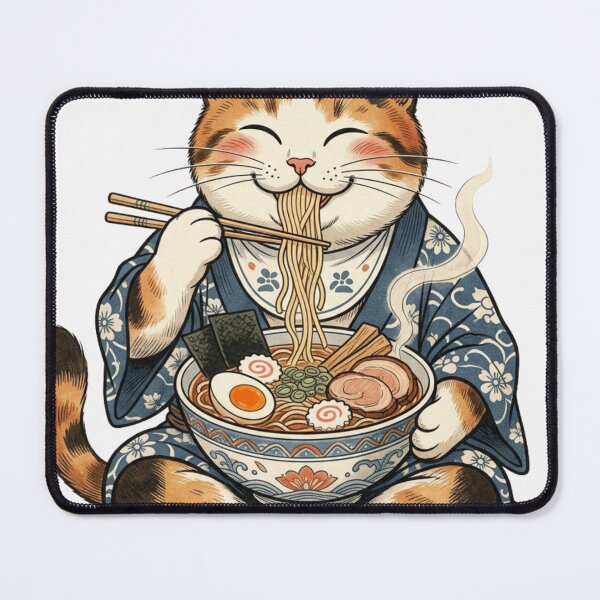Item preview, Happy Ramen Cat in Kimono Japanese Ukiyo-e Style Cute Food Art designed and sold by vekotpu.