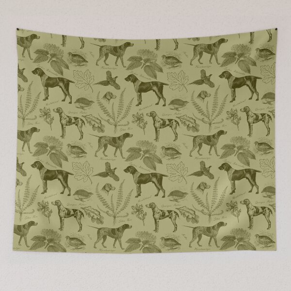 Item preview, German Pointer with Birds and Forest Plants Toile Pattern - Sage Green  designed and sold by CanisArt.
