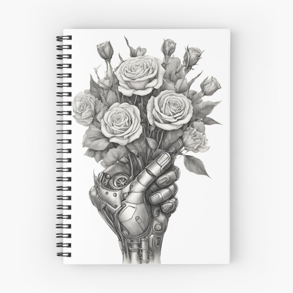 Item preview, Robot Hand Holding Roses | Cyberpunk Love Black & White Pencil Art designed and sold by DesignsCreative.