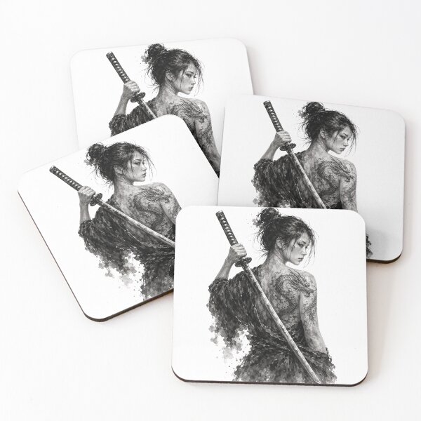 Item preview, Samurai Girl Dragon Tattoo Watercolor Art designed and sold by CalmCapy Co.