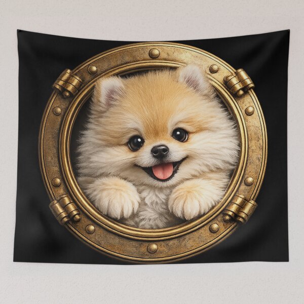 Item preview, Cute Pomeranian Peeking Through Gold Ship Porthole – Nautical Fluffy Dog Art | Pomeranian Gift designed and sold by irfanshikh.