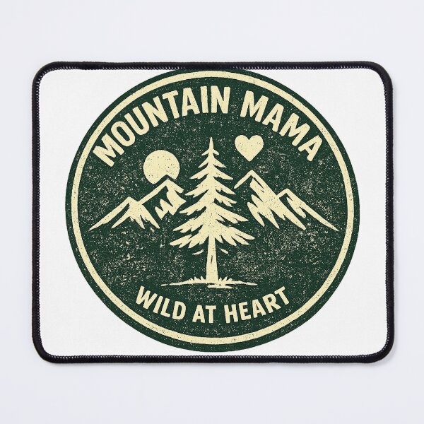 Item preview, Mountain Mama — Wild At Heart (evergreen pine circle, cream mountain trio + tall pine tree + sun + heart) — outdoor mom niche designed and sold by VaultInk.