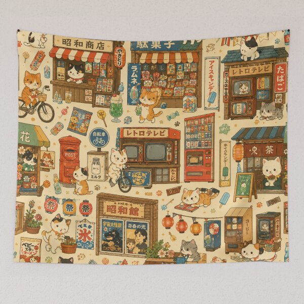 Item preview, Showa Retro Cat Shopping Street Seamless Pattern – Kawaii Japanese Design Paper & Wrapping Paper designed and sold by kawaii animal store (in Japan).