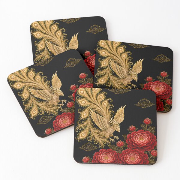 Item preview, Golden Phoenix and Crimson Roses | Korean Folk Art Inspired Wall Art designed and sold by K-Tradition.