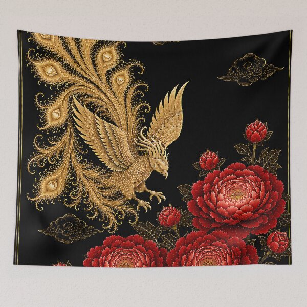 Item preview, Golden Phoenix and Crimson Roses | Korean Folk Art Inspired Wall Art designed and sold by K-Tradition.