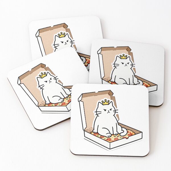 Item preview, White Cat King Sitting on Pizza in Open Box with Crown – Funny Food Art designed and sold by OksArtStudio.