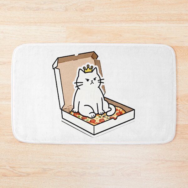 Item preview, White Cat King Sitting on Pizza in Open Box with Crown – Funny Food Art designed and sold by OksArtStudio.