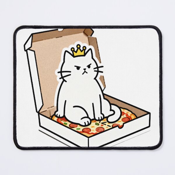 Item preview, White Cat King Sitting on Pizza in Open Box with Crown – Funny Food Art designed and sold by OksArtStudio.