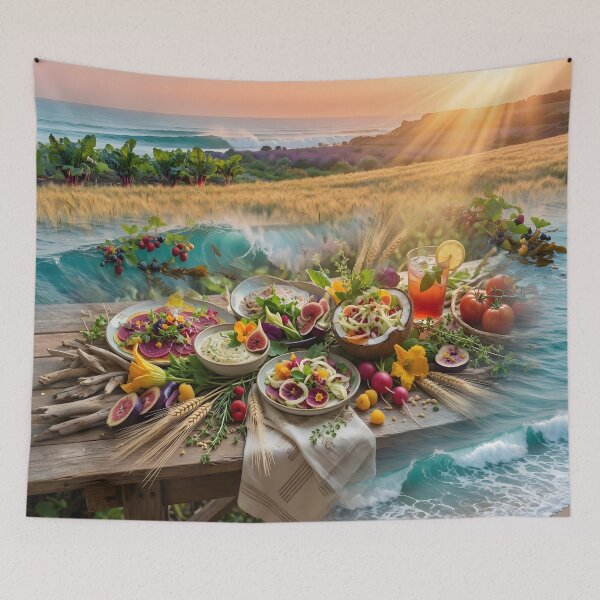 Item preview, World Sustainable Gastronomy Day — Farm Ocean Sunset Feast Table Art Print designed and sold by DreamyWallVibes.
