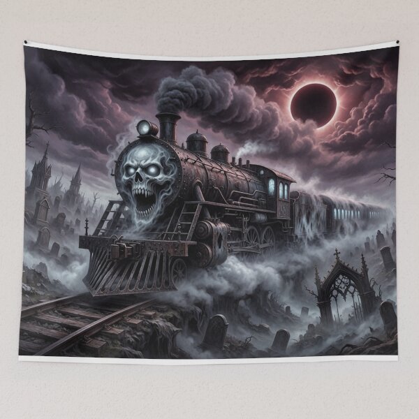 Item preview, Skull Ghost Train in Haunted Graveyard – Eclipse Blood Moon Horror Art designed and sold by Pioneer Spirit Market.