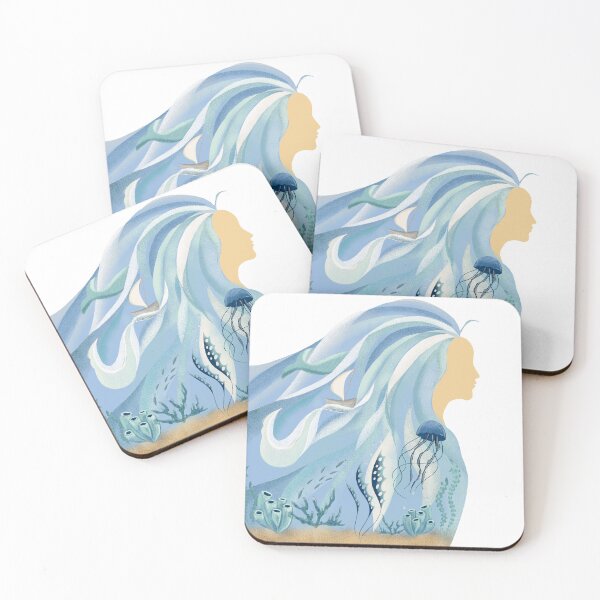 Item preview, Woman profile silhouette with hair as blue ocean waves and underwater sea world interior. designed and sold by SvitlanaSolo.