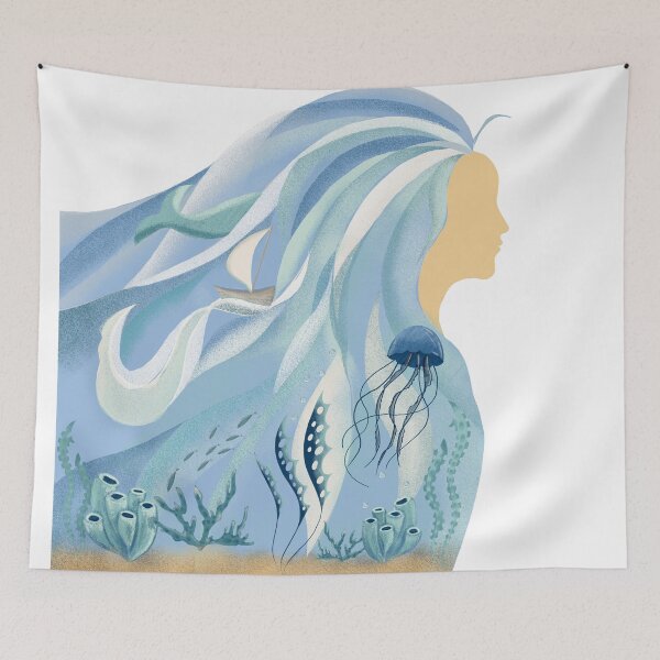 Item preview, Woman profile silhouette with hair as blue ocean waves and underwater sea world interior. designed and sold by SvitlanaSolo.