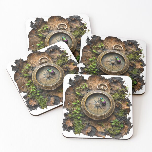 Item preview, Vintage Brass Compass on Ancient Map – Iridescent Beetle and Forest Moss Art designed and sold by puzzell.