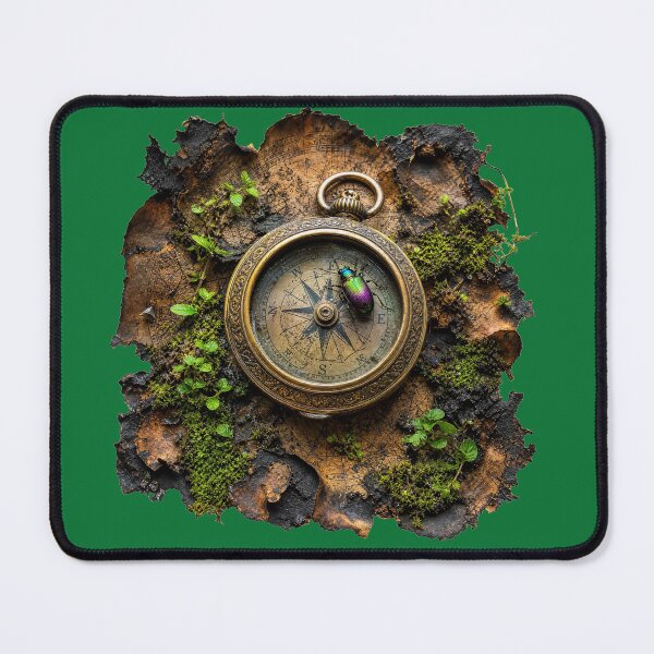 Item preview, Vintage Brass Compass on Ancient Map – Iridescent Beetle and Forest Moss Art designed and sold by puzzell.