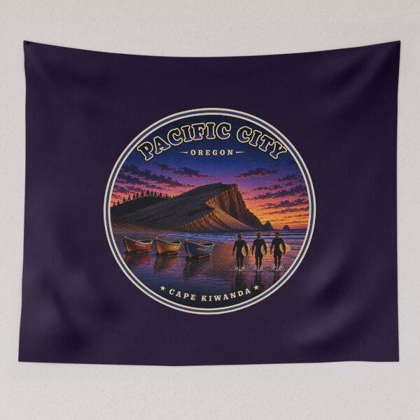 Item preview,  Pacific City Oregon Badge | Cape Kiwanda Sunset Surfers & Dory Boats Vintage Travel Design designed and sold by Swanny's Custom T-shirt and Gift Designs.